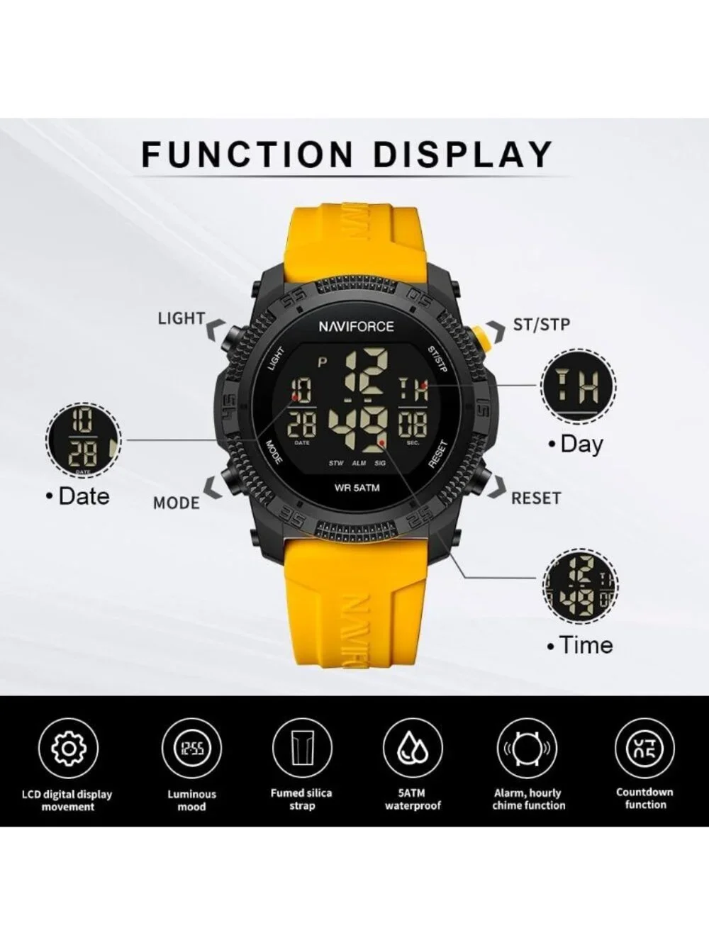 Unisex Yellow Analog Quartz Rubber Strap Sports Waterproof Digital Wrist Watch